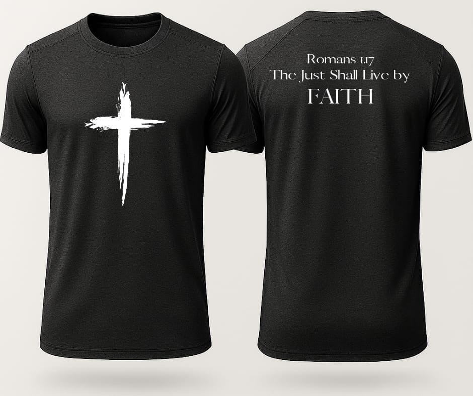 Romans 1:17 HayMor T-shirt, front and back